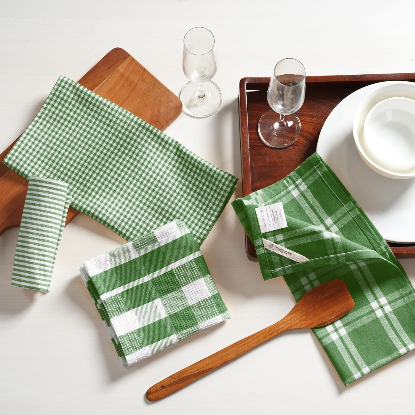 LANE LINEN 100% Cotton Kitchen Dish Cloths, Ultra Soft Absorbent Quick Drying Dish Towels, Multiweave Wash Cloths Dish Towel Sets, 13x28 Inches, 4 Pack - Olive