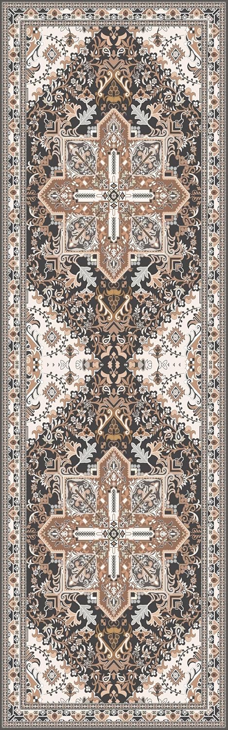 Washable Runner Rug 2.5x8 | Non Slip Rug Runners for Hallways, Entryways, Kitchens, Bathrooms, Bedrooms | Ultra-Soft Flannel Carpet Runners with Rubber Backing (Black Brown Cream, 2.5x8)