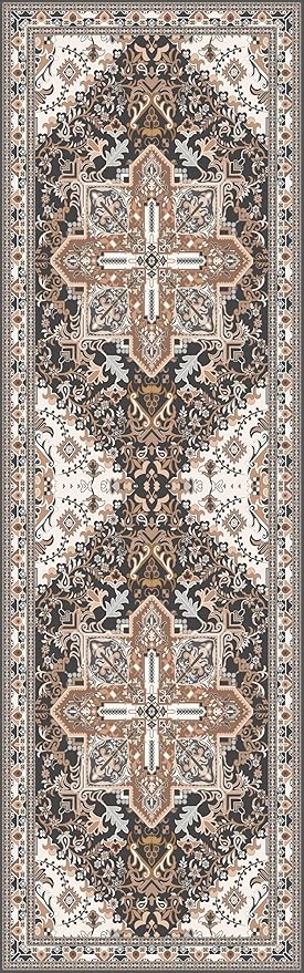 Washable Runner Rug 2.5x8 | Non Slip Rug Runners for Hallways, Entryways, Kitchens, Bathrooms, Bedrooms | Ultra-Soft Flannel Carpet Runners with Rubber Backing (Black Brown Cream, 2.5x8)