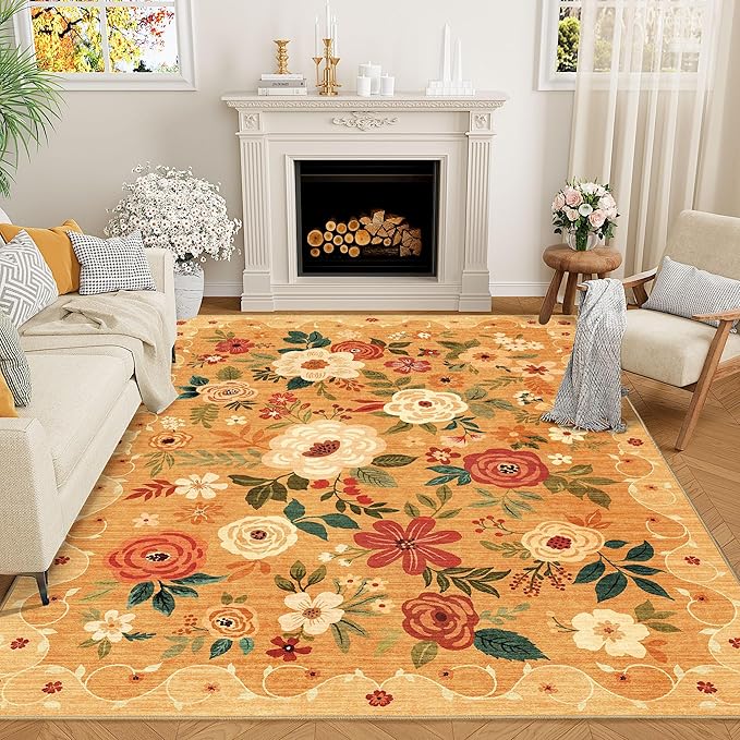 DUKINO 6x9 Area Rug, Floral Rugs for Living Room, Lightweight Non Slip Washable Rug, Indoor Low Pile & Non-Shedding Boho Design Rugs for Bedroom, Living Room, Dining Room, Orange
