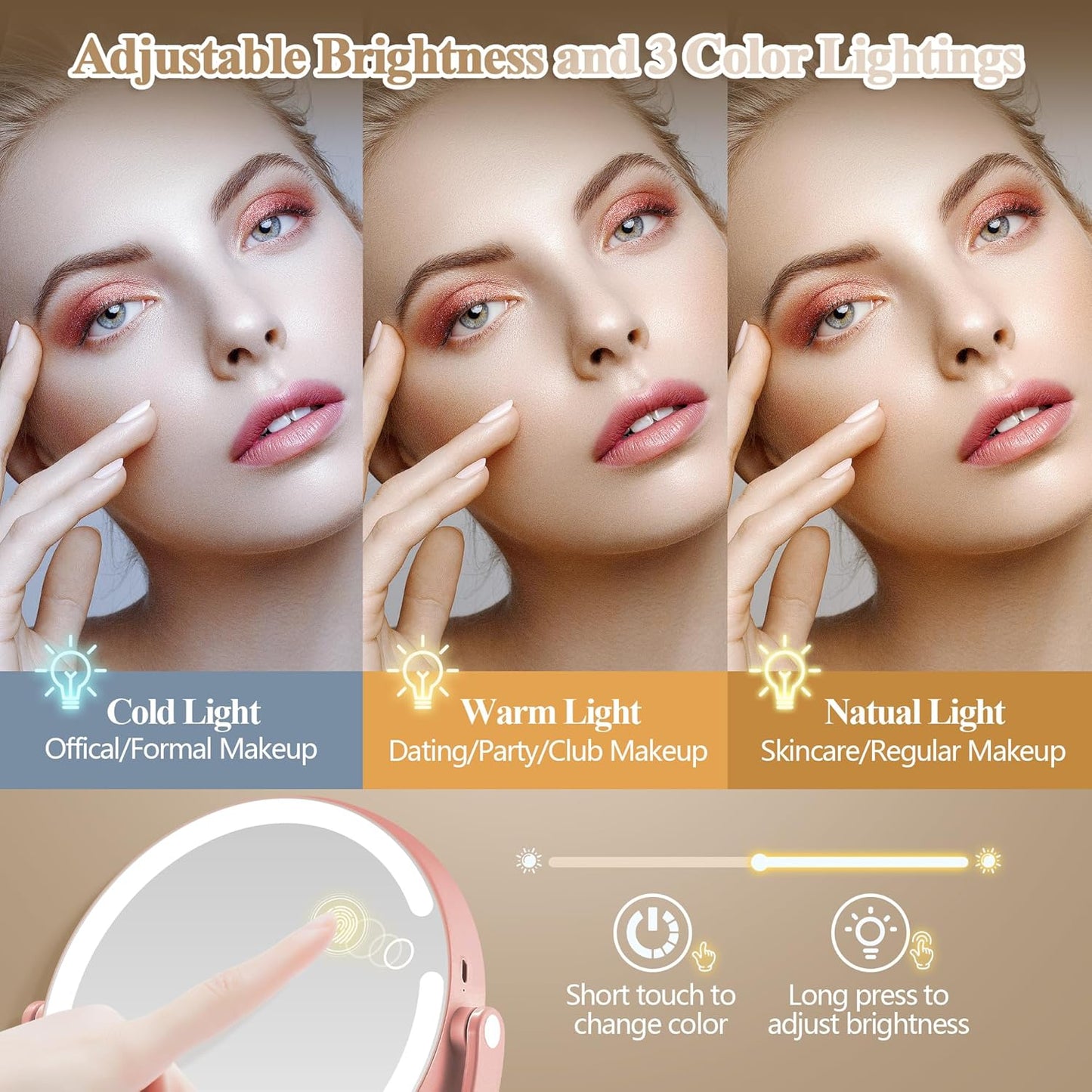 Makeup Mirror with Lights, Double Sided 1x/20x Magnifying Mirror with Light, Rechargeable 3 Color Lights Adjustable Brightness, 360° Rotation Detachable Comes with Tweezer (Rose-Gold)