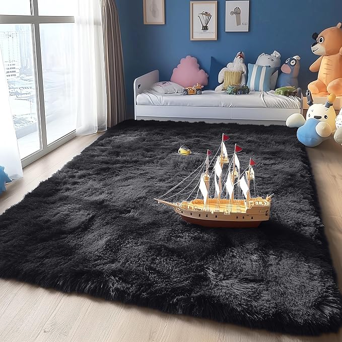 OLANLY 5x7 Machine Washable Large Area Rugs for Living Room, Bedroom, Soft Fluffy Shaggy Bedside Rug, Indoor Floor Carpet for Kids Girls and Boys, Dorms, Nursery, Home Decor Aesthetic, Black