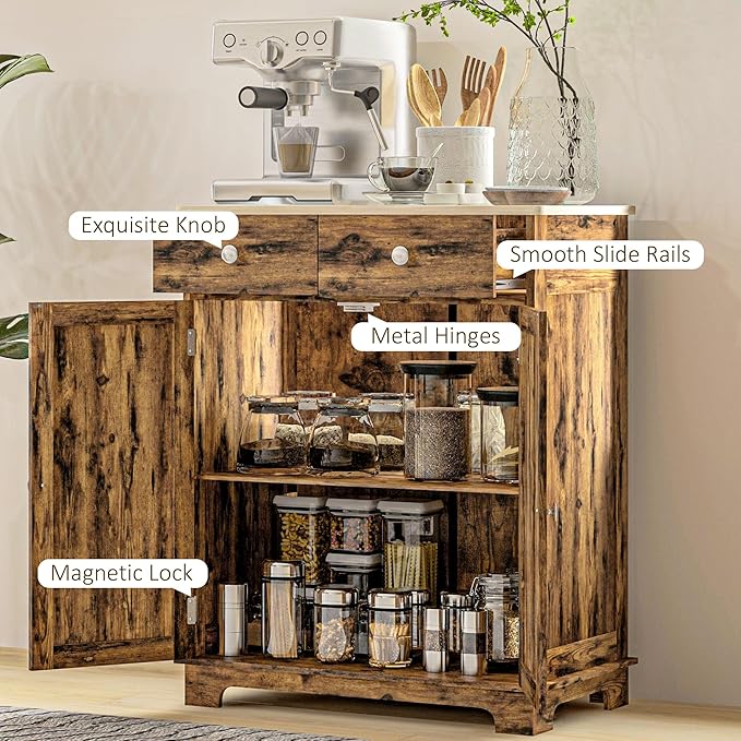 HOMCOM Sideboard with Solid Wood Countertop, Modern Kitchen Storage Cabinet, Coffee Bar Cabinet with 2 Drawers, Doors and Adjustable Shelf, Rustic Brown