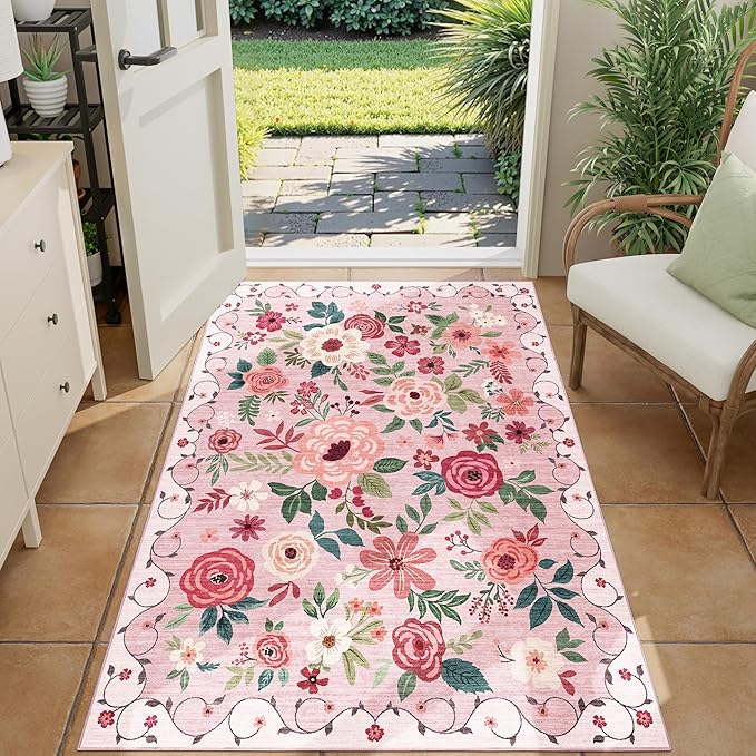 DUKINO 3x4 Area Rug, Lightweight Non Slip Washable Floral Rug, Indoor Low Pile & Non-Shedding Boho Design Carpets for Bedroom, Kitchen, Dining Room, Pink
