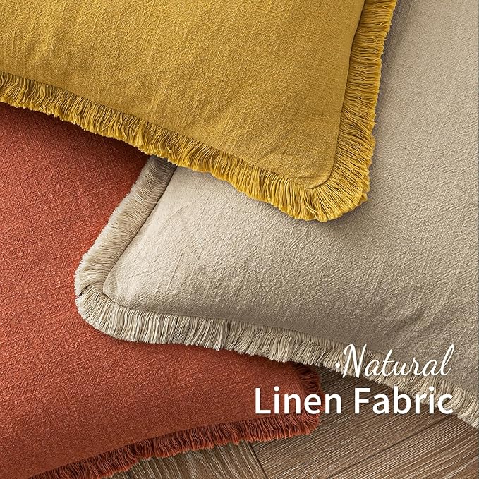 MIULEE Fall Decorative Throw Pillow Covers Neutral Linen Fringe Throw Pillows Set of 2 Burnt Orange Boho Farmhouse Cushion Covers with Tassels for Couch Sofa Bed Living Room Home Decor 22x22 Inch