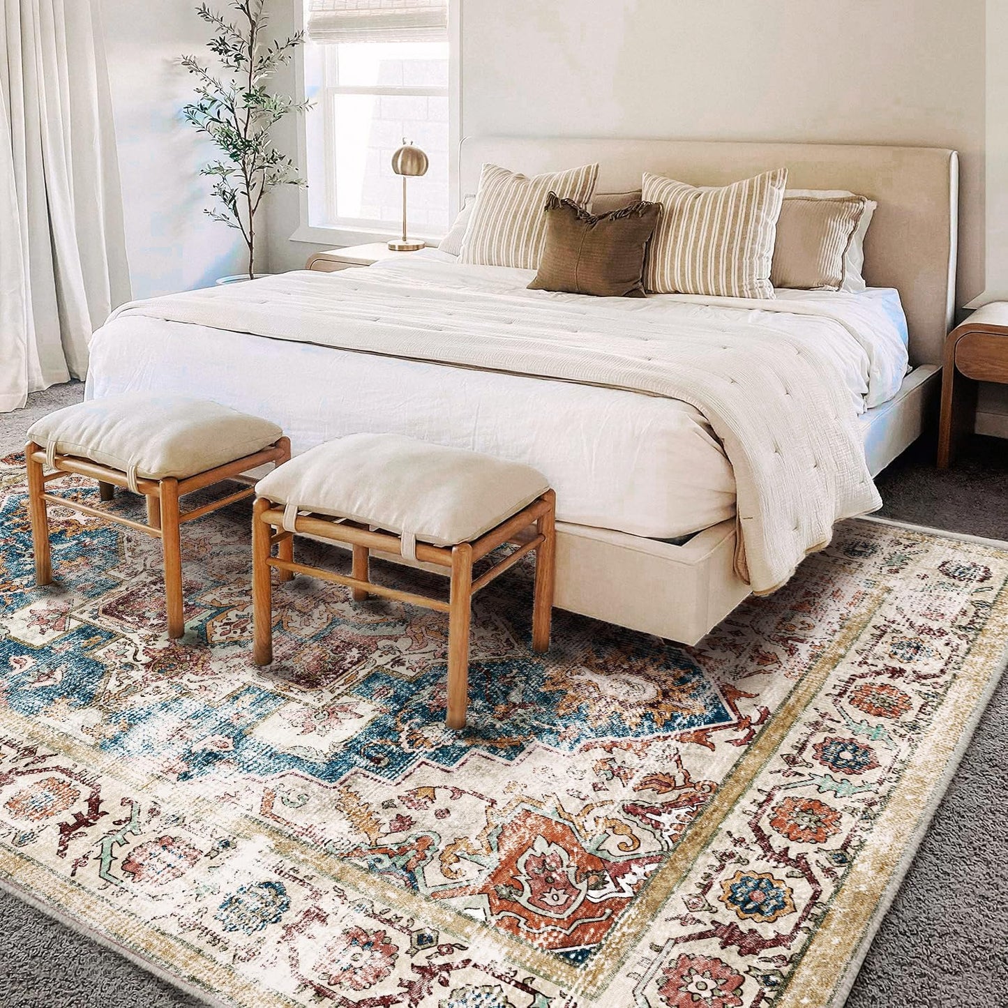 Beige Blue Washable Area Rug 8'x10' Boho Chic Medallion Distressed Design Non-Shedding Easy Care Ideal for High Traffic Areas in Living Room Bedroom Office Coffee Table Large Carpet