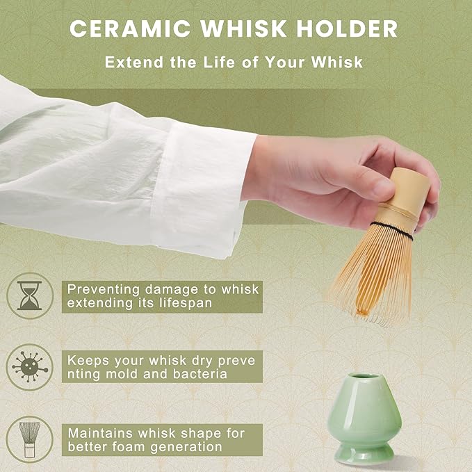 Matcha Whisk Set, Ceramic Matcha Set Includes Matcha Bowl, Matcha Whisk (Chasen) and Holder, Sifter, Bamboo Scoop & Spoon - 6 Pcs Matcha Kit for Matcha Lovers Cyan