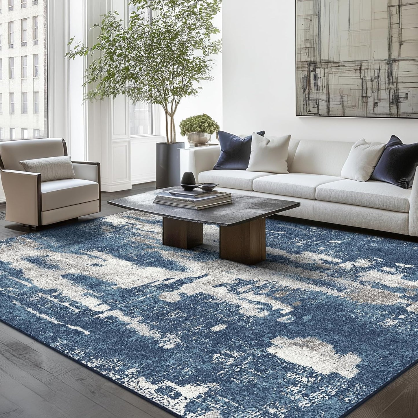 Area Rugs 5x7 for Living Room Bedroom Machine Washable Modern Abstract Soft Large Blue Rugs with Non Slip Backing, Floor Carpet for Dining Room
