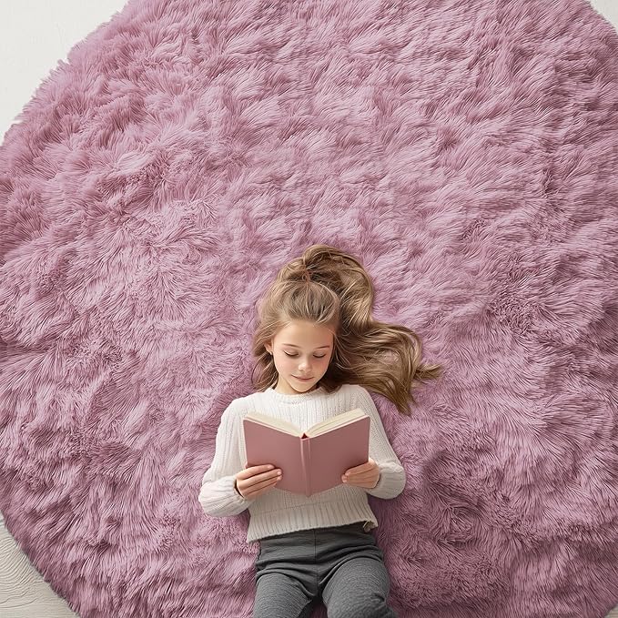 OLANLY Blush Round Rugs for Bedroom - Machine Washable, 7 ft Circle Area Rugs for Living Room, Soft and Fluffy Shaggy Carpet for Teen Girls and Boys, Nursery Rooms, Dorms, Home Decor Aesthetic