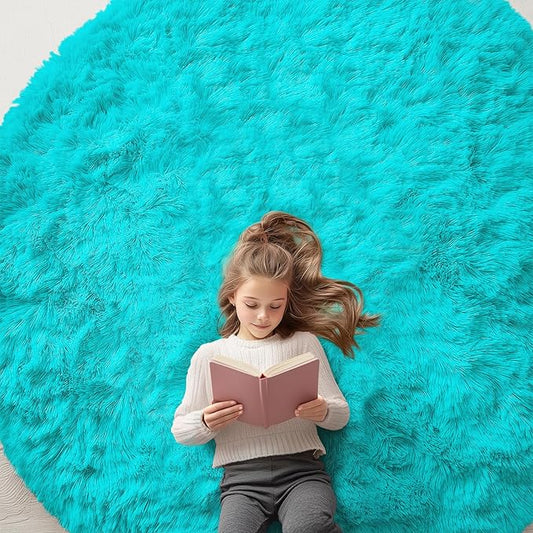 OLANLY Teal Blue Round Rugs for Bedroom - Machine Washable, 7 ft Circle Area Rugs for Living Room, Soft and Fluffy Shaggy Carpet for Teen Girls and Boys, Nursery Rooms, Dorms, Home Decor Aesthetic
