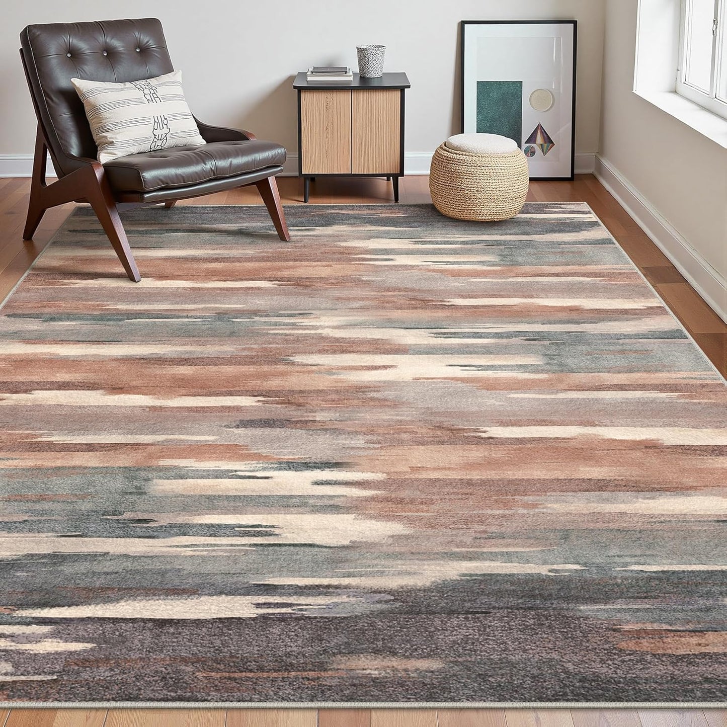 Area Rugs 8x10 Machine Washable Rug for Bedroom Living Room Dining Room, Large Modern Abstract Soft Rugs, Indoor Low Pile Carpet with Non Slip Rubber Backing, Ocher Brown