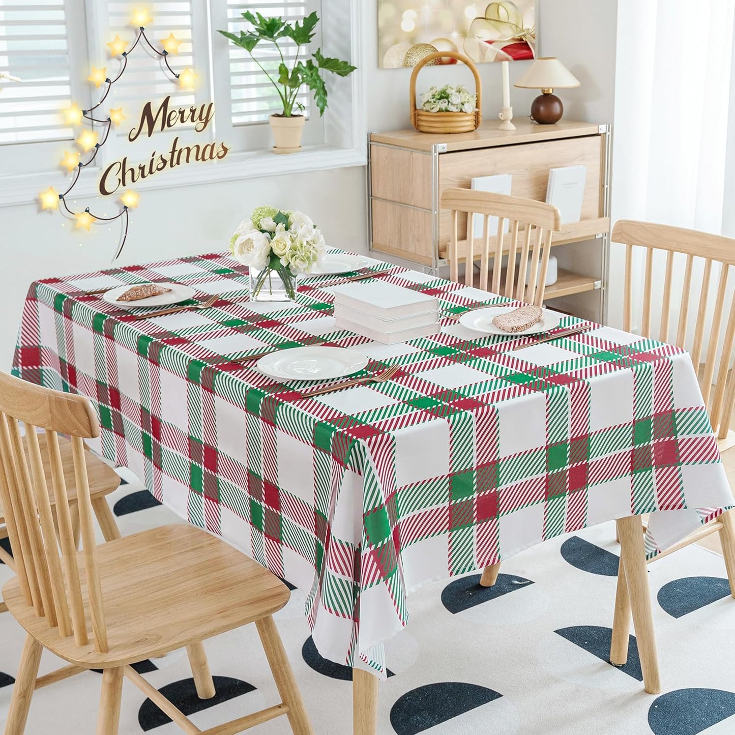 Jubilantex Tablecloth 84" inch Green and Red Plaid Waterproof Wrinkle-Free Washable Christmas Decoration Fabric Table Cover for Dining Outdoor Party Holiday Kitchen,60 x 84 inch