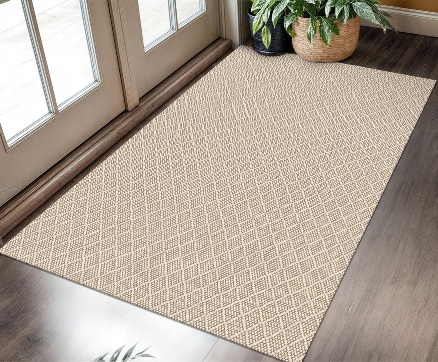 KOZYFLY Area Rug 3x5 Ft Washable Rugs for Entryway Non Slip Rubber Backed Throw Rugs Indoor Door Mat Woven Cotton Floor Carpet for Front Door Entrance Foyer Kitchen, Tan/Beige