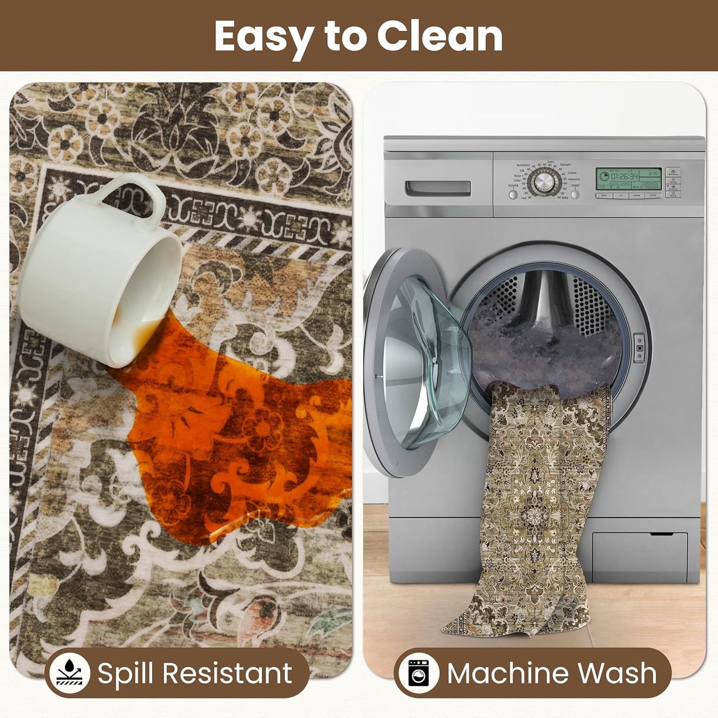 Washable Runner Rug 2x6 | Non Slip Rug Runners for Hallways, Entryways, Kitchens, Bathrooms, Bedrooms | Ultra-Soft Flannel Carpet Runners with Rubber Backing (Sage Grey Brown, 2x6)