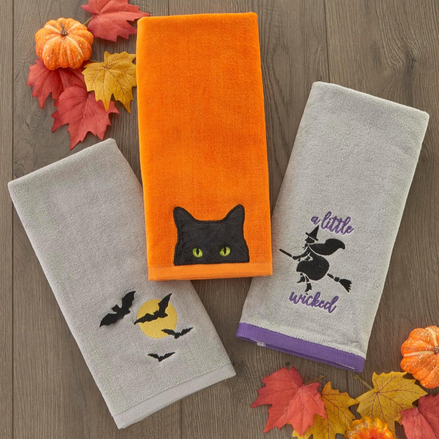 SKL Home Halloween Full Moon Flight 100% Cotton Embroidered 2pc Hand Towel Set, Decorative 3D for Bath/Kitchen/Bar & Gift, Gray