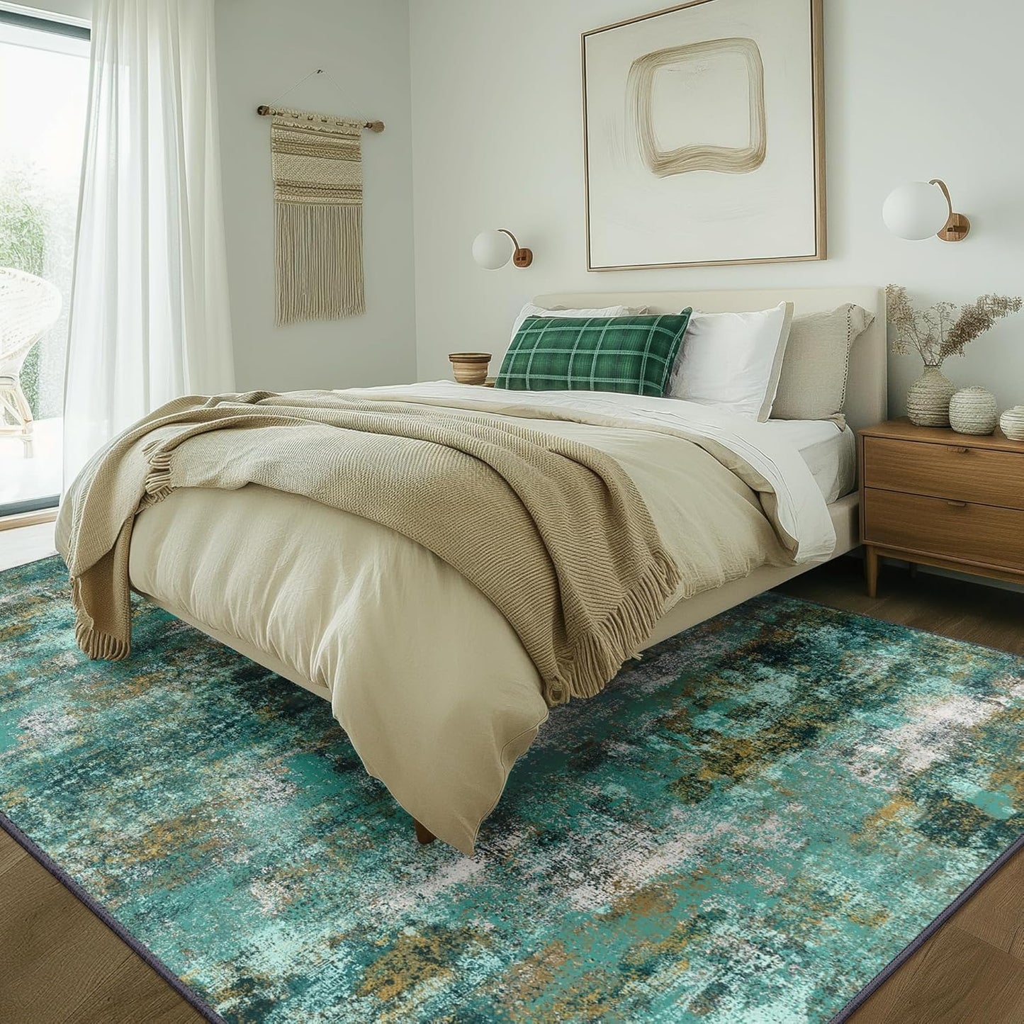 Machine Washable Rug 8x10 Area Rugs for Living Room Bedroom, Large Turquoise Abstract Area Rug Soft Throw Rugs, Low-Pile Floor Carpet with Non Slip Rubber Backing