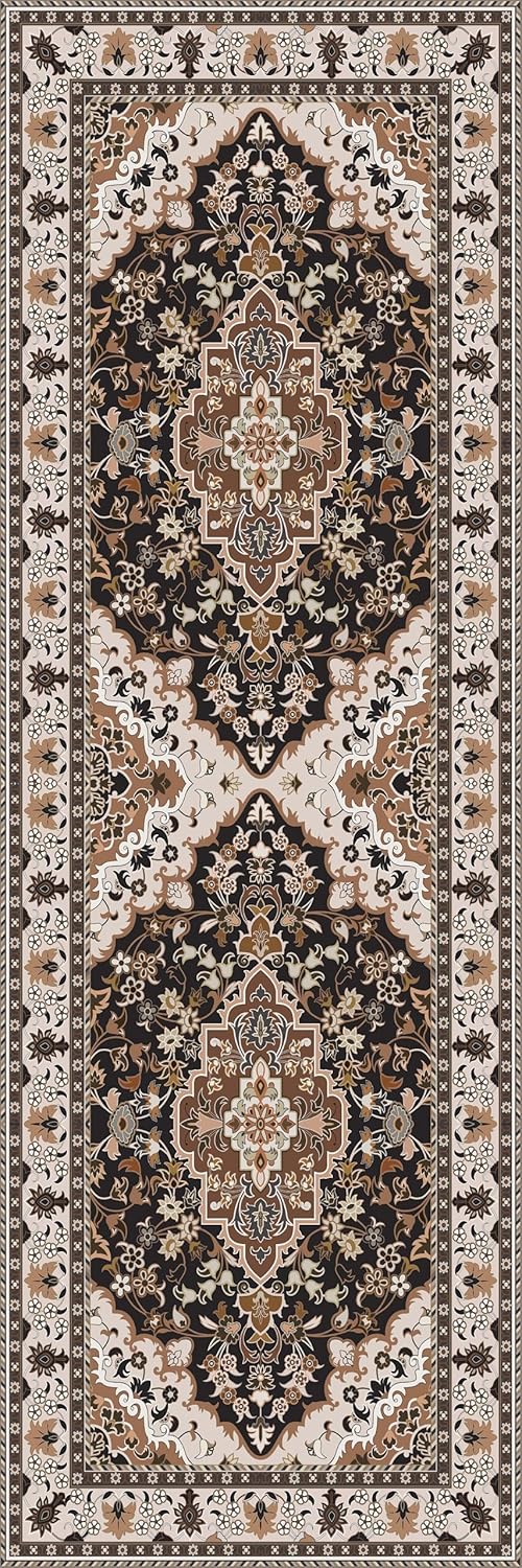 Washable Runner Rug 2x6 | Non Slip Rug Runners for Hallways, Entryways, Kitchens, Bathrooms, Bedrooms | Ultra-Soft Flannel Carpet Runners with Rubber Backing (Cream Black Brown, 2x6)