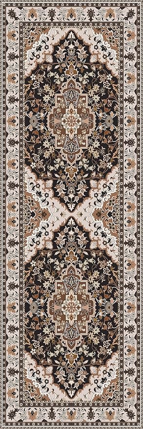 Washable Runner Rug 2x6 | Non Slip Rug Runners for Hallways, Entryways, Kitchens, Bathrooms, Bedrooms | Ultra-Soft Flannel Carpet Runners with Rubber Backing (Cream Black Brown, 2x6)