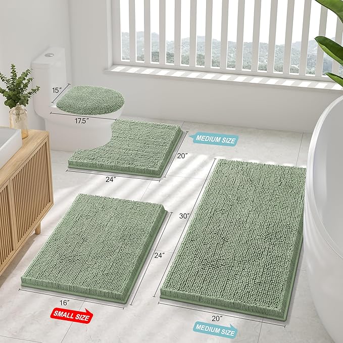 Smiry Luxury Chenille Bathroom Rugs 34x21, Extra Soft and Absorbent Shaggy Bath Mat, Machine Washable, Non-Slip Plush Carpet Runner for Tub, Shower, and Floor, Home Decor Accessories, Sage Green