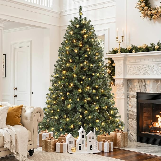 DWVO 6ft Pre-lit Artificial Christmas Tree, Spruce Prelit Christmas Trees for Home, Office, Party with 1000 Thickened Branch Tips & 250 UL Listed Lights Green, Automatic Branches with Remote Control