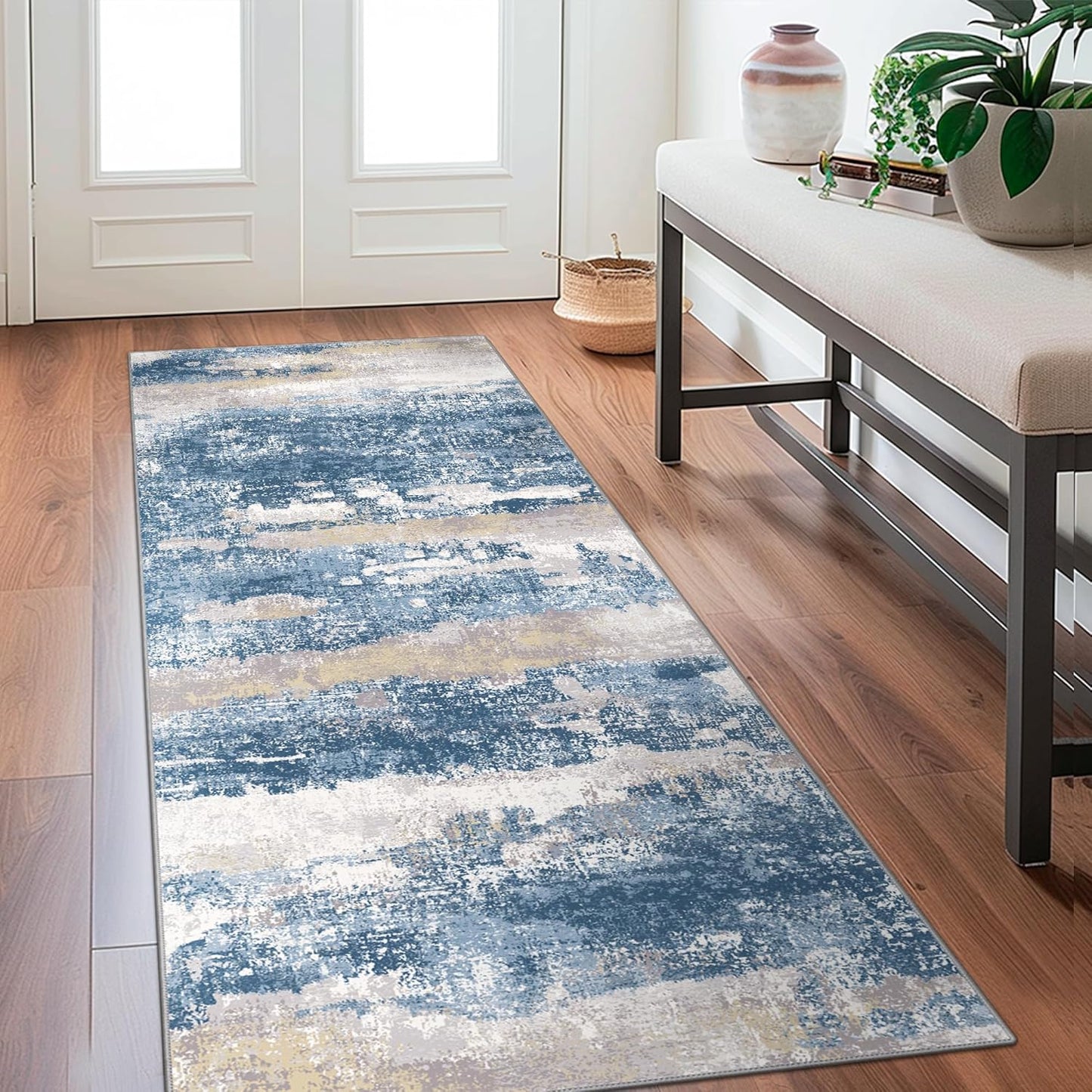 Runner Rug for Hallway Kitchen 2x6 Machine Washable Runners Rug for Entryway, Blue Cream Soft Modern Abstract Throw Rugs, Floor Carpet with Non Slip Rubber Backing