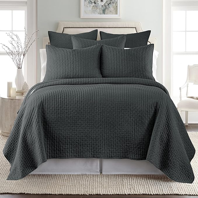 Levtex Home Cross Stitch Reversible King/Cal King Quilt Set (106x92in) and 2 Pillow Shams (36x20in) - Stitch Texture - Charcoal - Cotton King Size Quilt Bedding Set - Lightweight Soft Pre-Washed