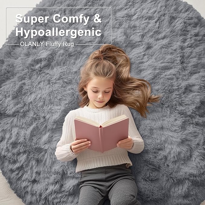 OLANLY Light Grey Round Rugs for Bedroom - Machine Washable, 9 ft Circle Area Rugs for Living Room, Soft and Fluffy Shaggy Carpet for Teen Girls and Boys, Nursery Rooms, Dorms, Home Decor Aesthetic