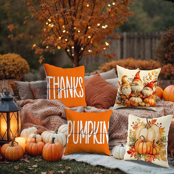 JioJio Chan Fall Pillow Covers 18x18 - Set of 4 Throw Pillow Covers for Sofa Couch, Autumn Thanksgiving Pumpkin Orange Decoration for Home Living Room Bedroom Decor Outdoor Indoor