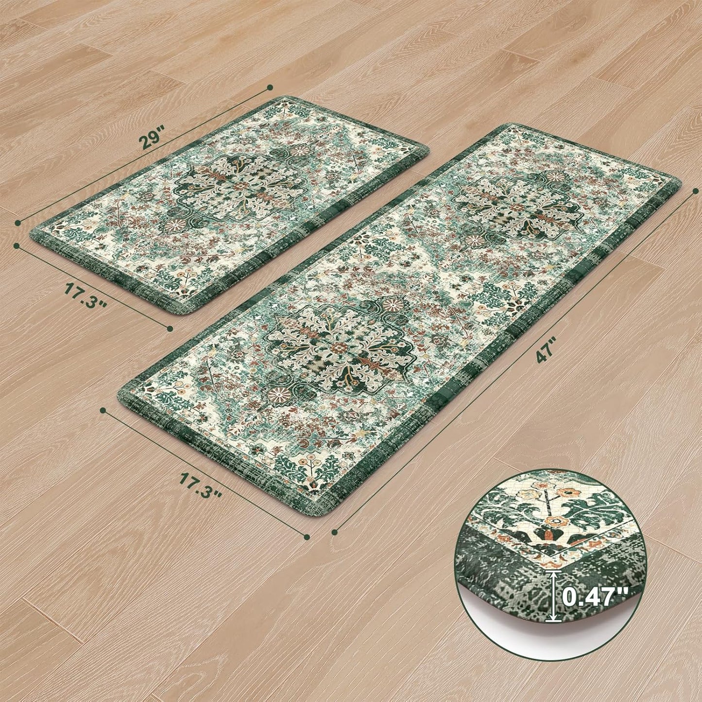 KIMODE Kitchen Mats Cushioned Anti Fatigue, Boho Oriental Kitchen Rugs 17"x47"+17"x29", Non Slip Kitchen Mats for Floor, Padded Kitchen Floor Mats for Sink Laundry Office Desk Green Multi