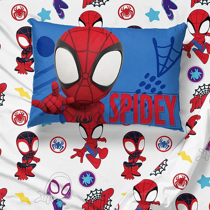 Jay Franco Kids Sheet Set with Fitted, Flat Sheets & Pillow Cover - Ultra-Soft Bedding with Pillowcase for Room Decor, White - Spidey & Friends, 3 Piece Toddler