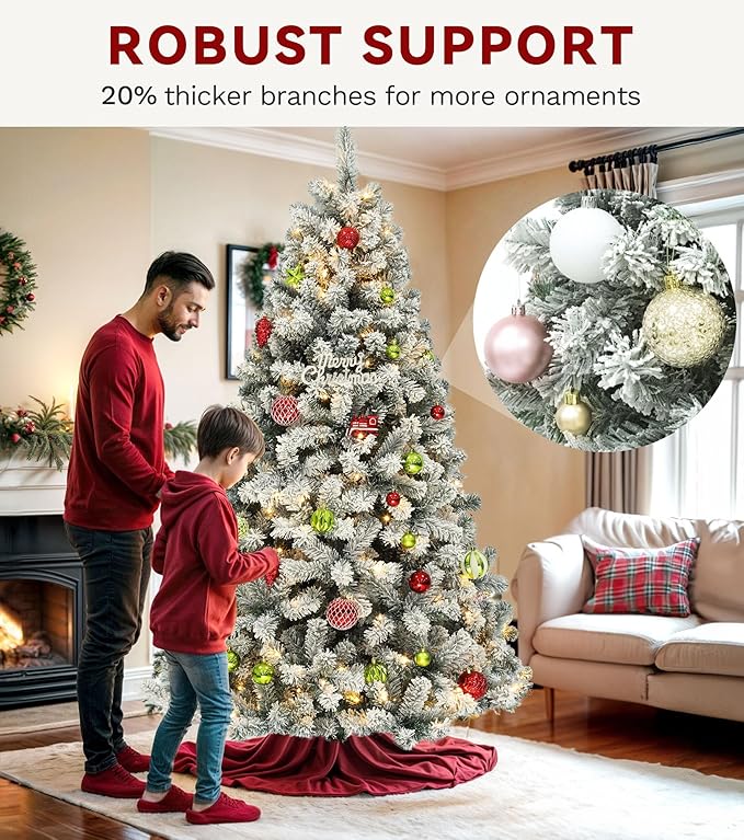 DWVO 9 ft Prelit Snow-Flocked Artificial Pine Christmas Tree, Full Xmas Tree with 900 Lights, 11 Lighting Modes, 2094 Tips, Foldable Base for Home and Party Decor