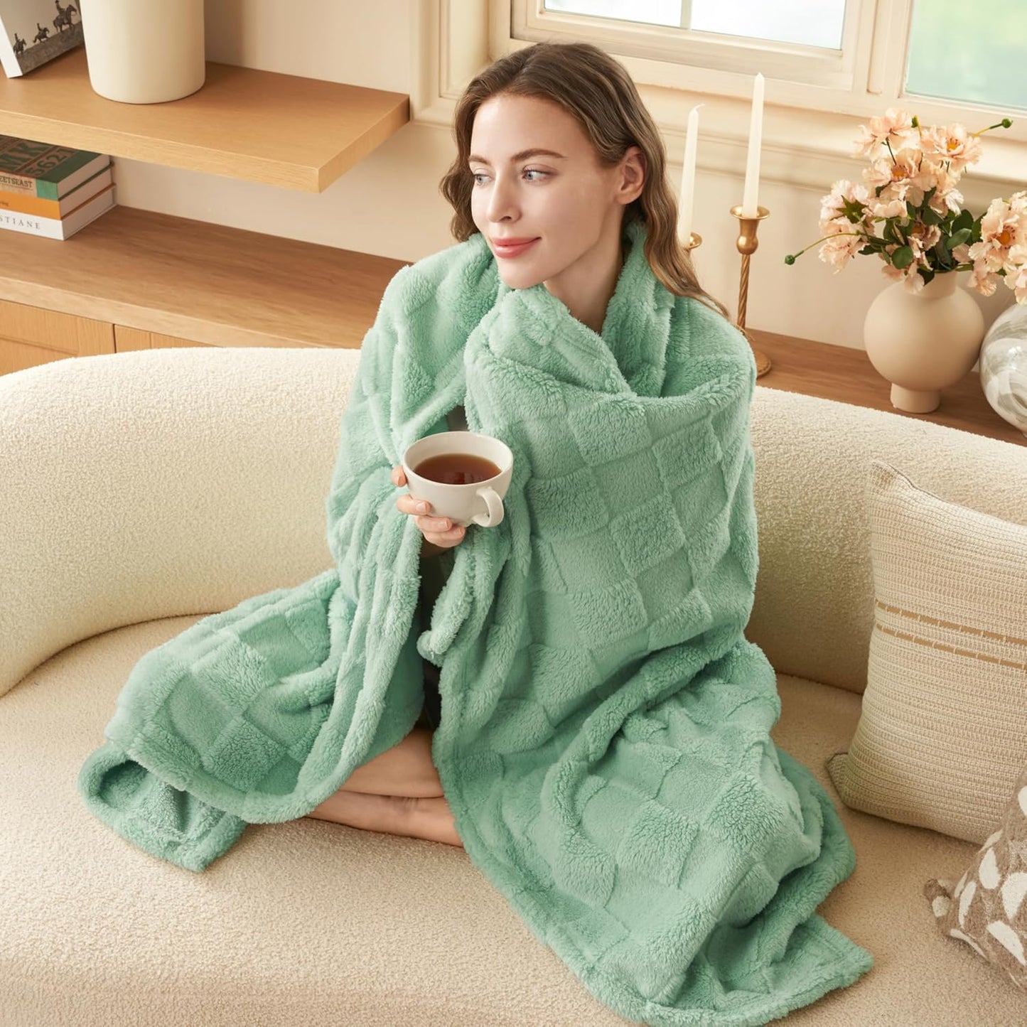 Joiedomi Throw Blanket for Couch, Soft Sage Green Fleece Checkered Blankets Gifts for Women Mom Girls, 280GSM Cozy Cute Soft Throw Home Room Decor Aesthetic Gifts 50x60 Inches