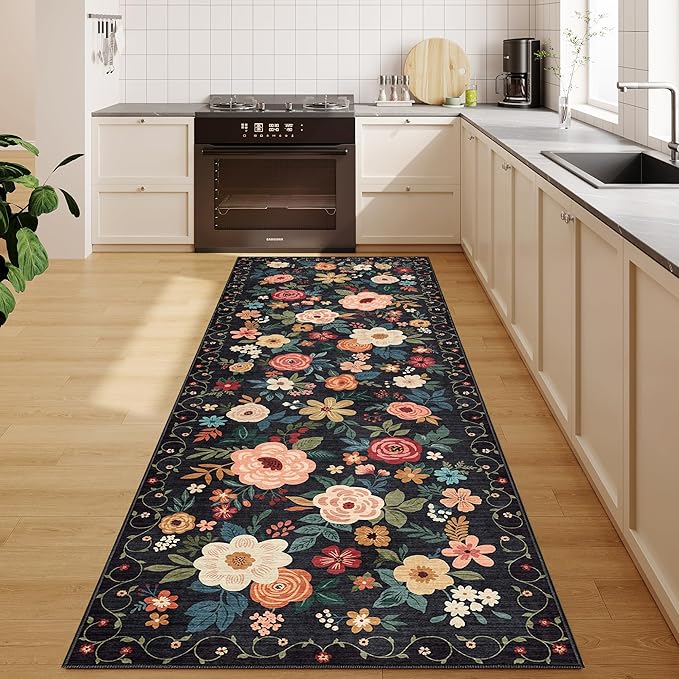 DUKINO Runner Rug, 2.6x8 Kitchen Rugs for Hallway with Non Slip Backing, Washable Low Pile Soft Boho Floral Runner Carpet for Hallway, Kitchen, Entryway, Laundry, Bedroom, Black