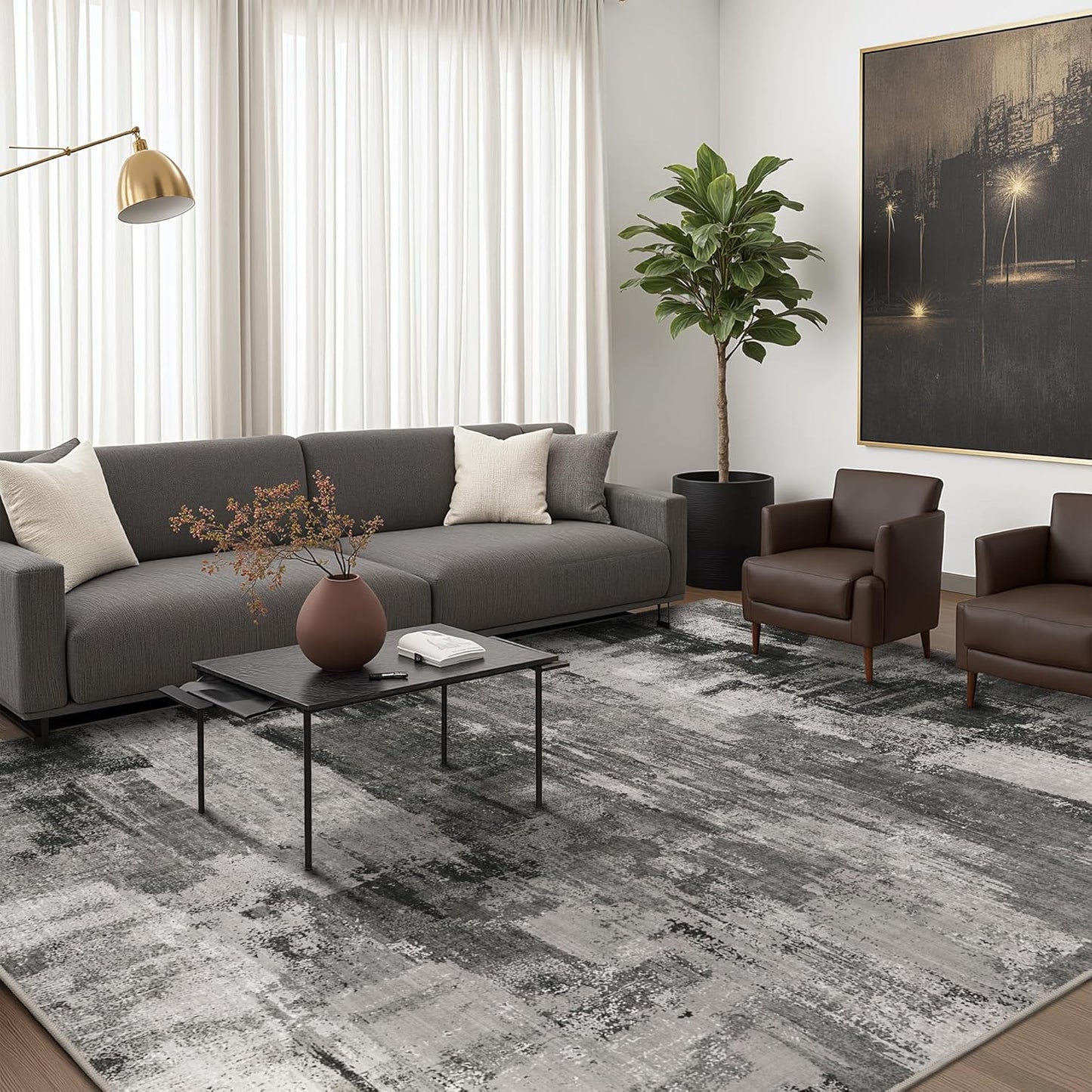 Area Rugs 8x10 for Living Room Bedroom, Modern Abstract Machine Washable Large Soft Black Rug, Low Pile Floor Carpet with Non Slip Backing for Dining Room, Carbon Black