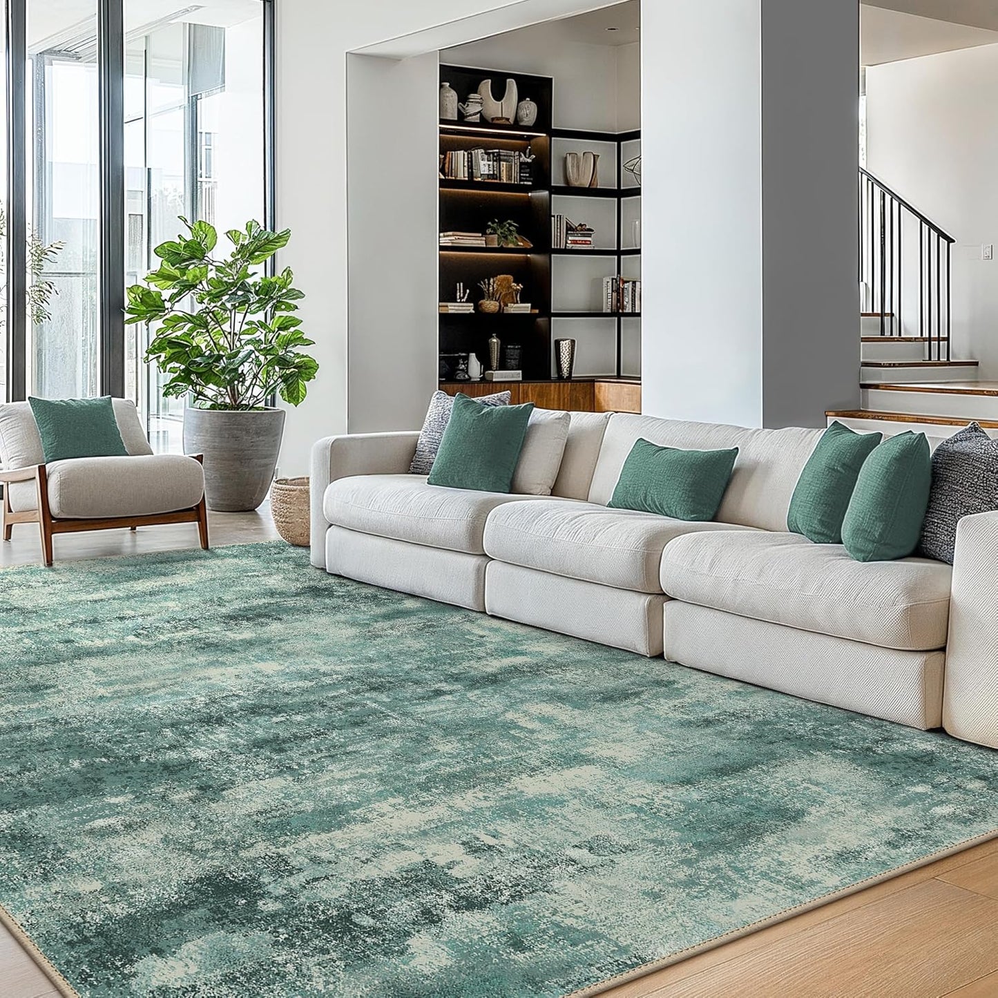 Area Rugs 10x12 for Living Room Bedroom, Modern Splash Abstract Machine Washable Rug, Large Soft Low Pile Floor Cover with Non Slip Backing for Dining Room, Teal Green