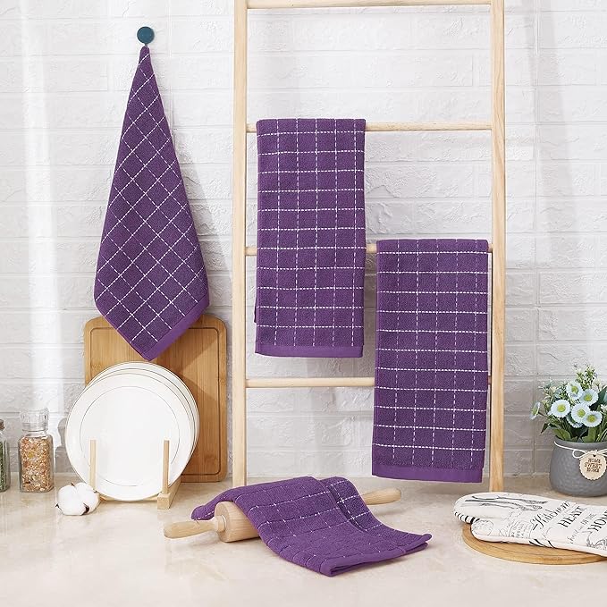 Homaxy 100% Cotton Terry Kitchen Towels(Purple, 13 x 28 inches), Checkered Designed, Soft and Super Absorbent Dish Towels, 8 Pack