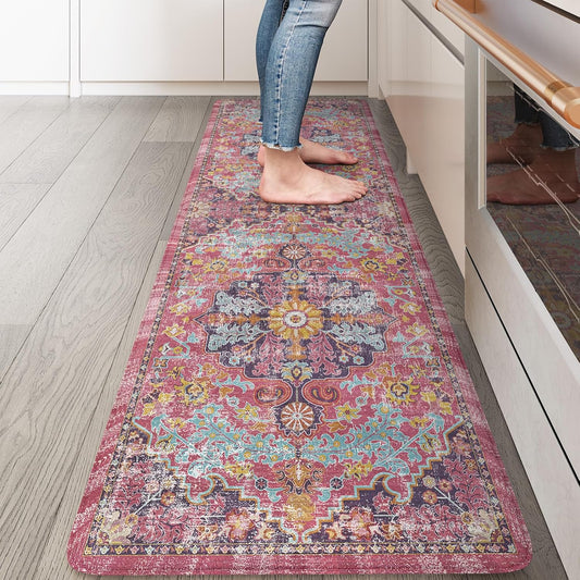 KIMODE Anti Fatigue Kitchen Mat, Cushioned Kitchen Mats for Floor, Boho Vintage Kitchen Rugs, Comfort Foam Standing Desk Mat for Laundry, Office, Sink Fuchsia/Multi 17.3"x59"