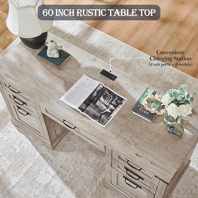 RedLemon 60" Farmhouse Executive Desk with Drawers, Wood Home Office Desk w/Charging Station, Keyboard Tray, File Drawer, Storage Cabinet, Rustic Computer Writing Desk (Light Rustic Oak)