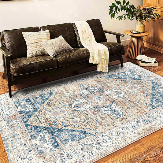 Washable Area Rug 9x12 Boho Chic Medallion Distressed Design Non-Shedding Easy Care Ideal for High Traffic Areas in Living Room Bedroom Office Coffee Table Large Carpet