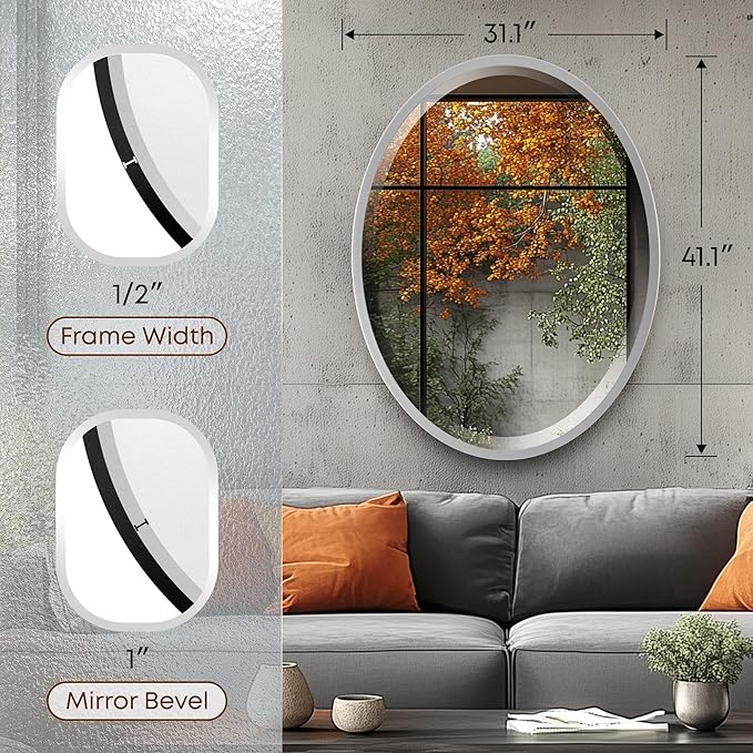 OVALCREST - Oval Wooden Beveled Wall Mirror for Home Decor, Bathroom, Vanity, Bedroom, Living Room, Hallway - London Style (Silver Spray) 31.1 x 41.1