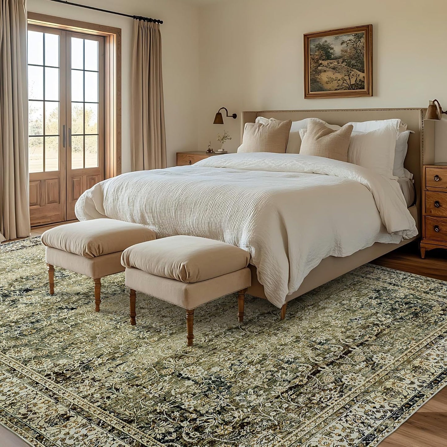 Olive and Tan Rug for Bedroom Neutral Boho Farmhouse Floral Washable Soft Faux Wool No Slip Area Rugs for Living Room Home Office,5x8