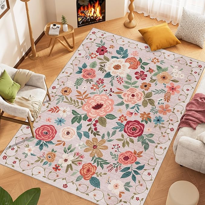 DUKINO 6x9 Area Rug, Floral Rugs for Living Room, Lightweight Non Slip Washable Rug, Indoor Low Pile & Non-Shedding Boho Design Rugs for Bedroom, Living Room, Dining Room, Beige