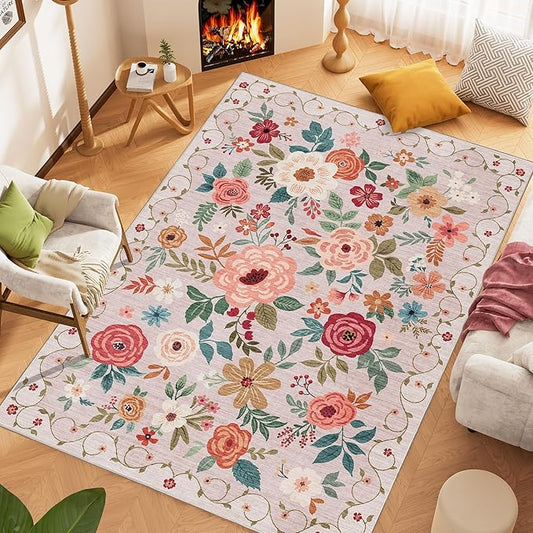 DUKINO 6x9 Area Rug, Floral Rugs for Living Room, Lightweight Non Slip Washable Rug, Indoor Low Pile & Non-Shedding Boho Design Rugs for Bedroom, Living Room, Dining Room, Beige