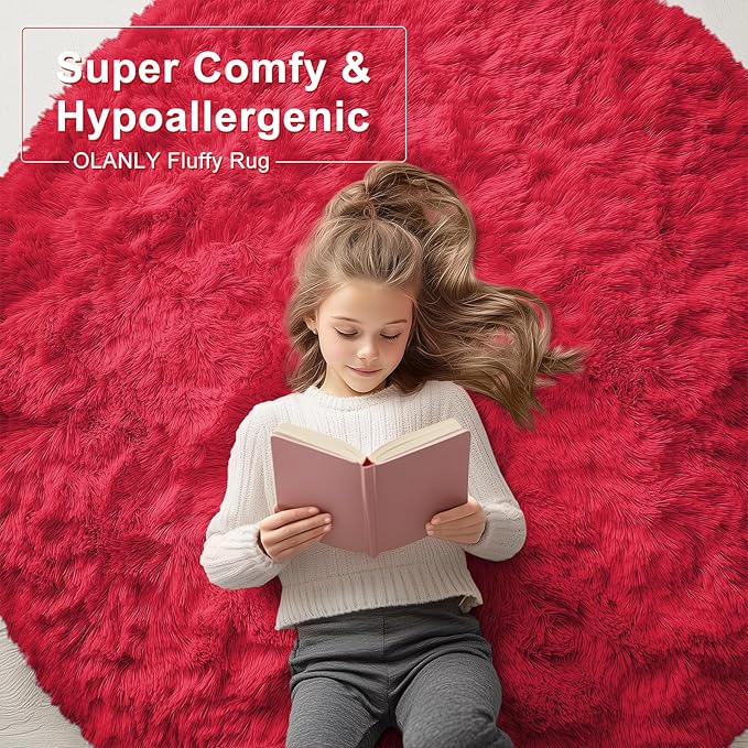 OLANLY Red Round Rugs for Bedroom - Machine Washable, 2 ft Circle Area Rugs for Living Room, Soft and Fluffy Shaggy Carpet for Teen Girls and Boys, Nursery Rooms, Dorms, Home Decor Aesthetic