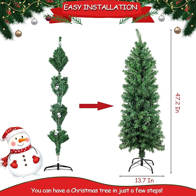 Suunyglade 4FT Green Artificial Christmas Tree, Premium Hinged Pine Tree with Solid Foldable Metal Legs, Pencil Shape Christmas Tree Perfect for Home, Shops and Holiday Decoration