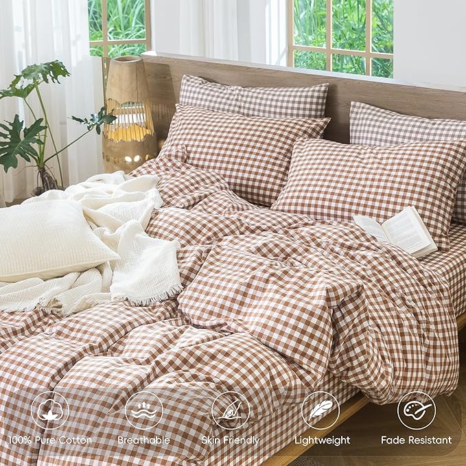 MooMee Gingham Duvet Cover Set 100% Washed Cotton Linen Like Textured Breathable Durable Soft Comfy Modern Checkered Design (Dark Orange Gingham, King 104"x90")
