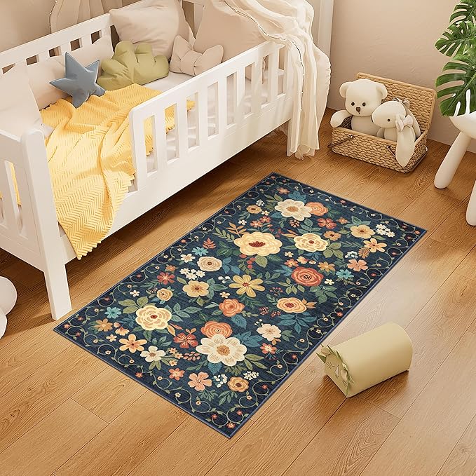DUKINO 2x4 Rug for Entryway, Washable Kitchen Floral Runner Rug with Non Slip Backing, Low Pile Soft Boho Carpet for Kitchen, Hallway, Entryway, Laundry, Bedroom, Navy Blue