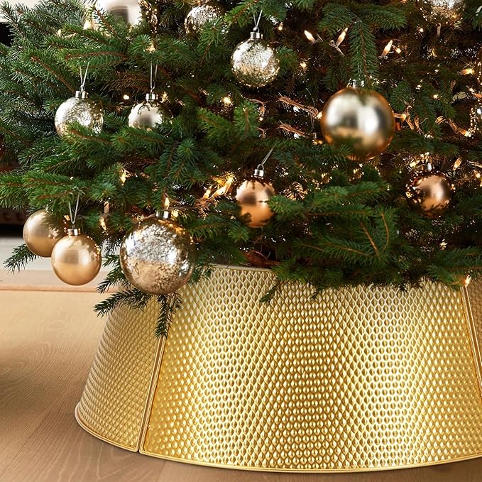 SUNNYPARK Metal Christmas Tree Collar Decoration, 23’’D Golden Christmas Tree Ring with Rhomboid-Patterned Basket Base Cover - Golden