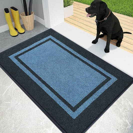 PURRUGS Dirt Trapping Door Mat 20" x 32", Non-Slip/Skid Machine Washable Entryway Rug, Shoes Scraper, Area Rug, Super Absorbent Welcome Mat for Muddy Wet Shoes and Paws, Light Blue & Navy