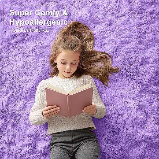 OLANLY Area Rugs for Living Room Bedroom, Machine Washable 4x5.9 ft Soft Fluffy Shaggy Bedside Rug, Indoor Floor Carpet for Kids Girls and Boys, Dorms, Nursery Rooms, Home Decor Aesthetic, Purple